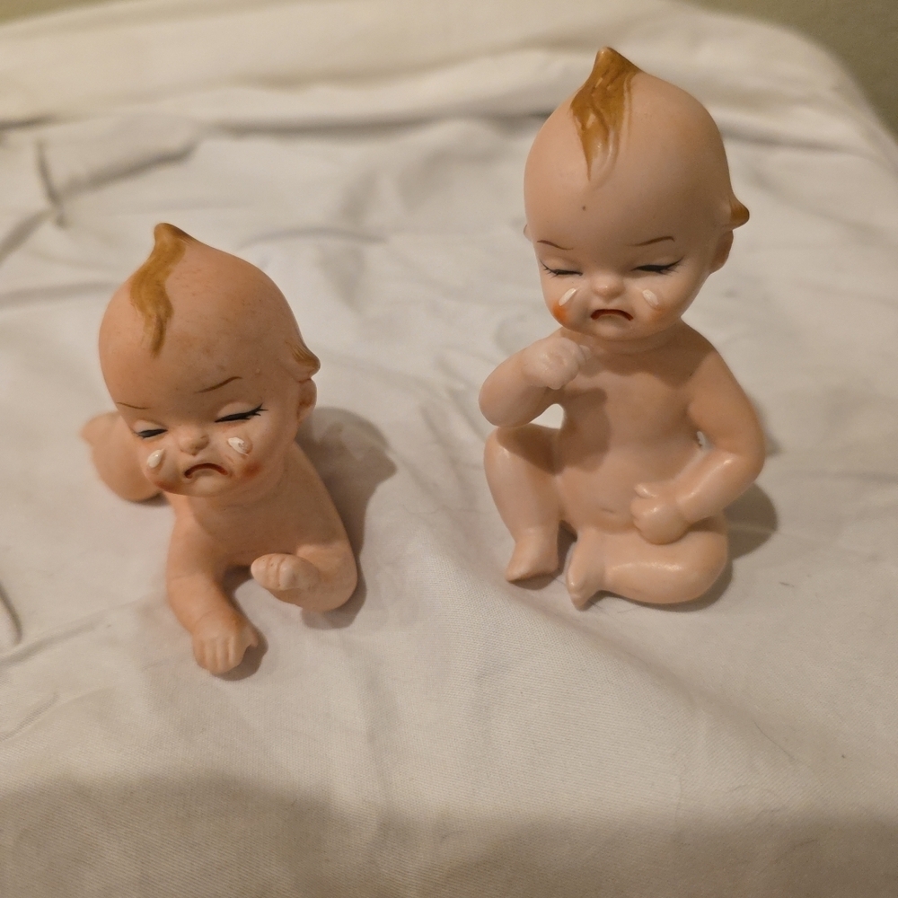 Vintage bisque crying baby figurines, Kewpie-style, Made In Japan, pair